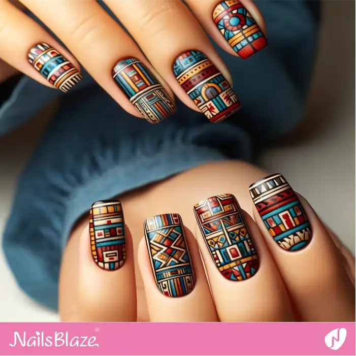 Geometric Aztec French Nails | Tribal Nails - NB2348